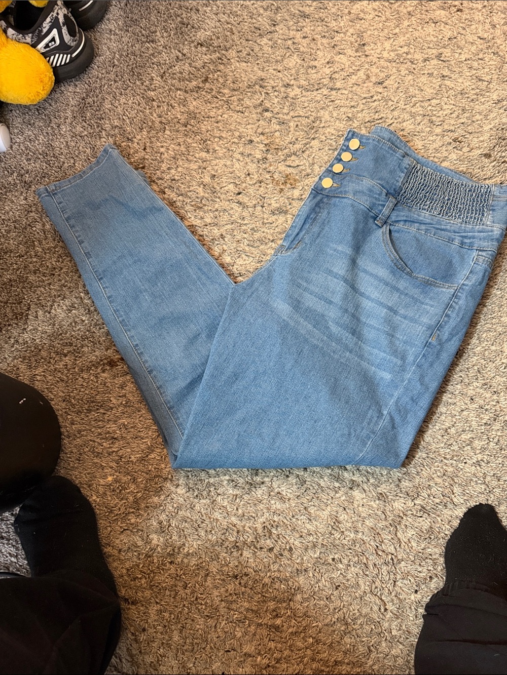 SHEIN Light Blue High-Rise Jeans with Smocked Waist and Gold Buttons